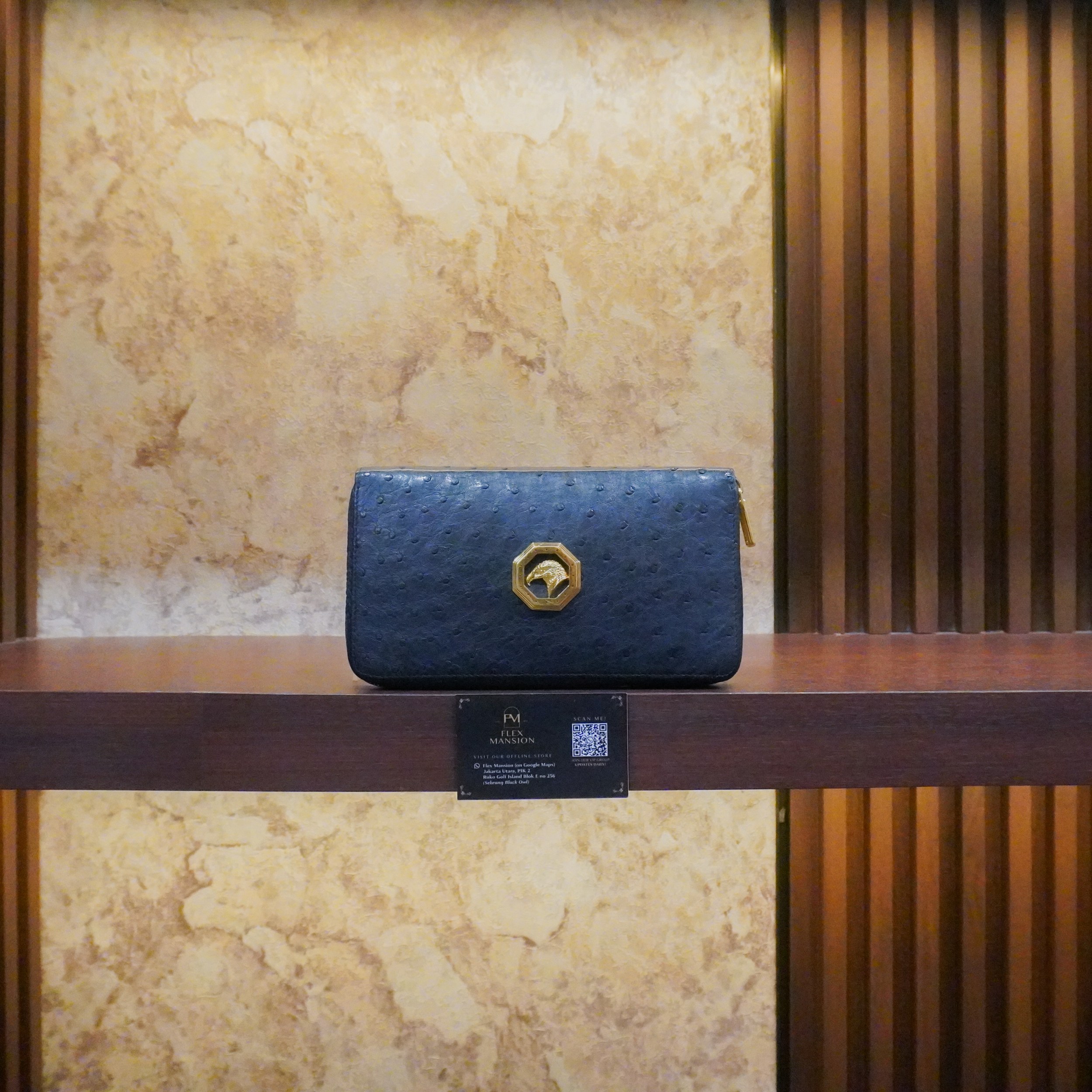 SR handmade ostrich leather zip around wallet navy (new 50jt